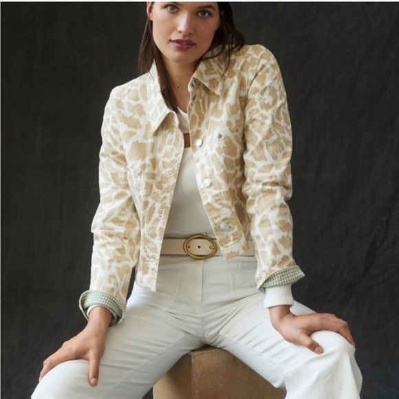 Maeve Jackets & Blazers - Anthropologie Maeve Animal Print Gardner Denim Cropped Jacket‎ Beige Neutral
